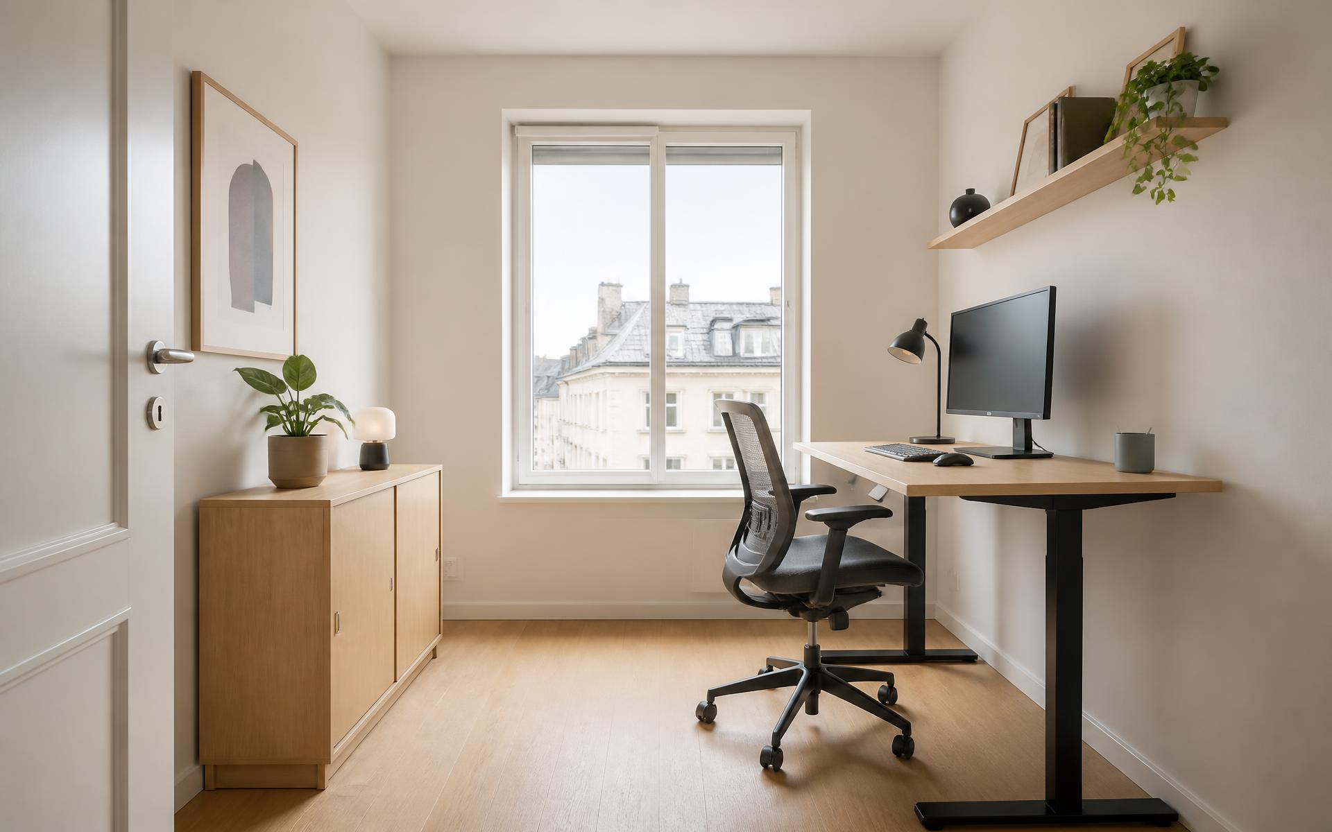 Lyst, moderne privat kontor med hev/senk-bord og kontorstol