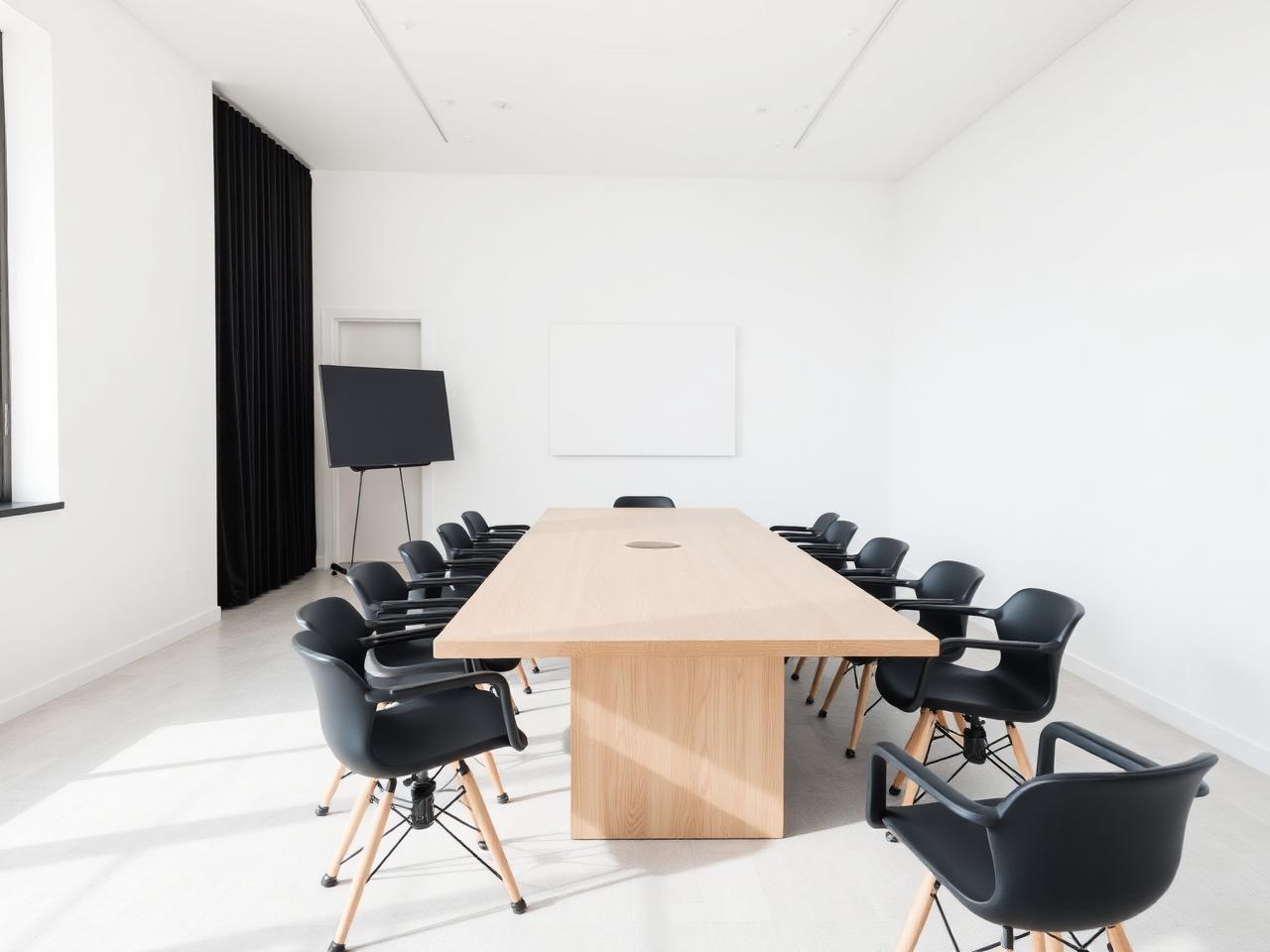 Møterom med langbord og skjerm